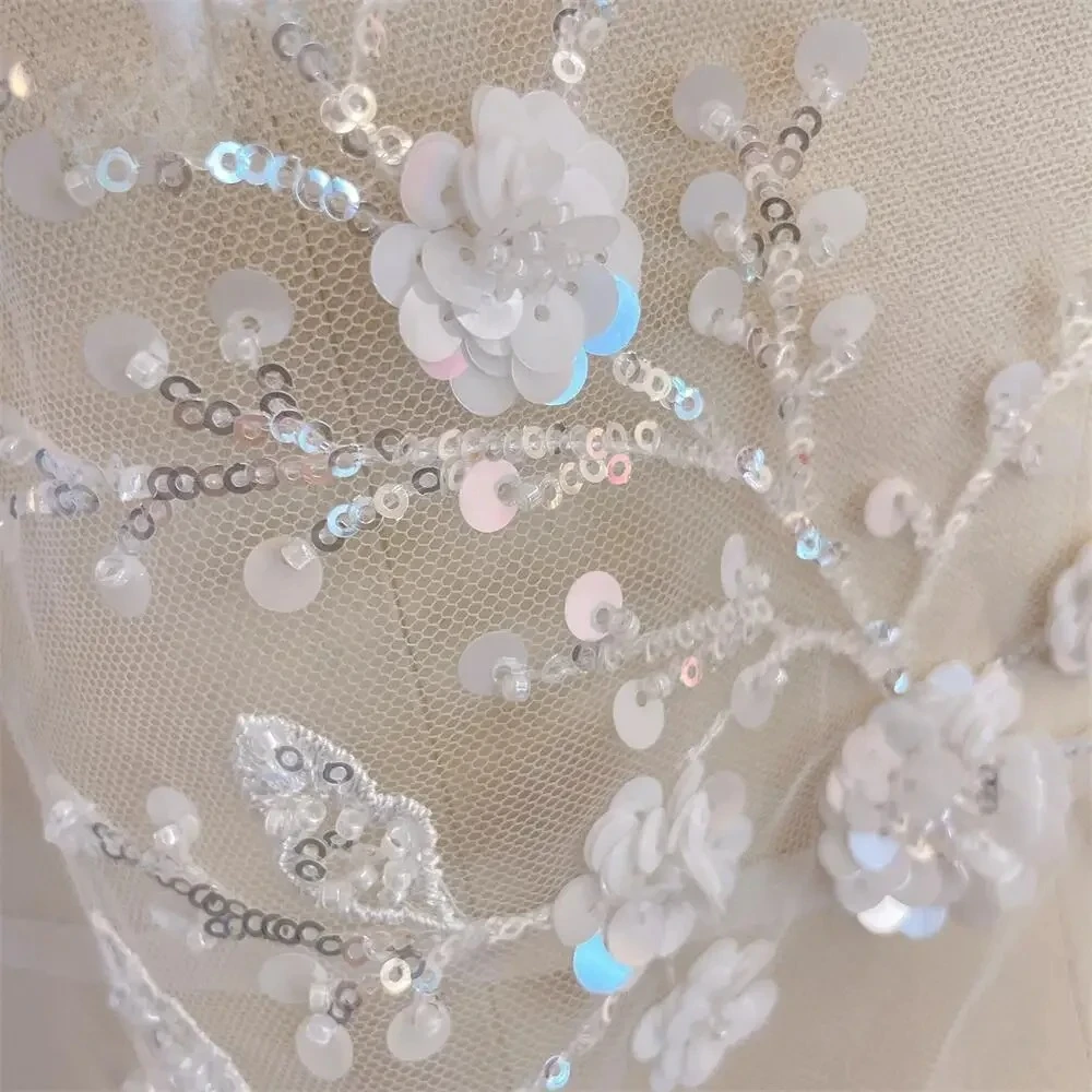 Embroidered Lace Fabric for Wedding Dress, Shining Bride Fabric, 3D Flowers, Beaded Sequins, Background Decoration Accessories