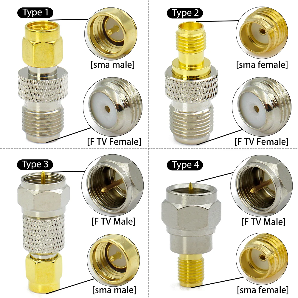 SMA Male Female to F Type Connector RF Coax Adapter Brass Gold Plated Straight Converter For TV Antenna