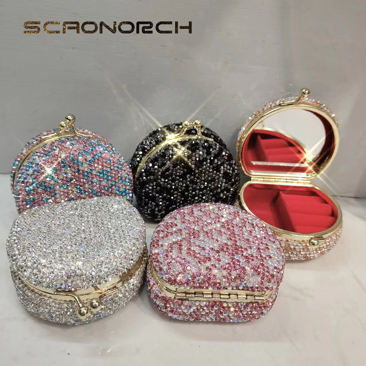 Luxury Mini Rhinestones Jewelry Box With Mirror Travel Portable Jewerly Earring Necklace Organizer Box Wedding Ring Case Gift