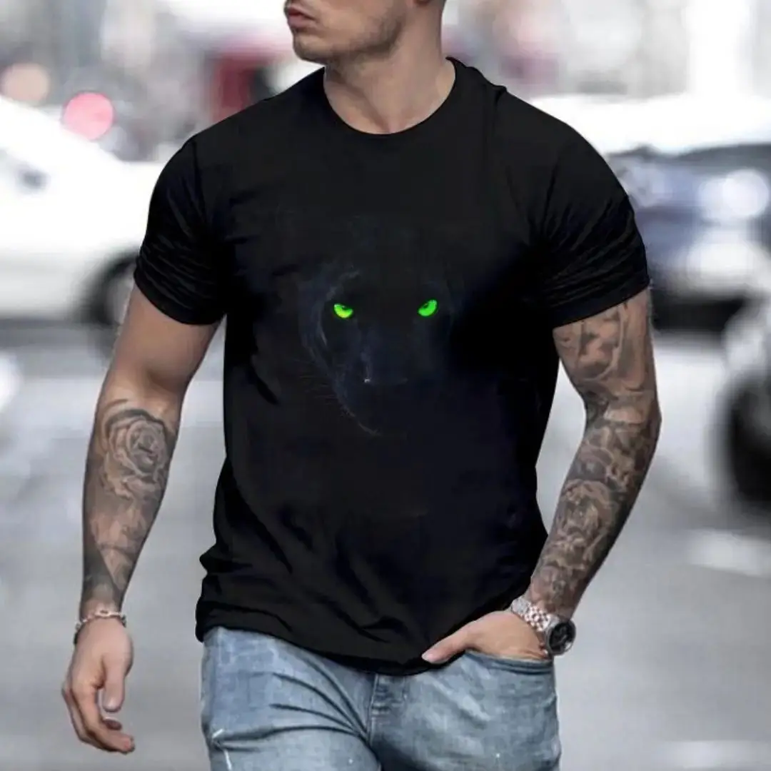 

Summer New Men's Large Casual Short Sleeve T-Shirt Premium Sense Pullover Round Neck 3D Digital Panther Print Street Outdoor Top