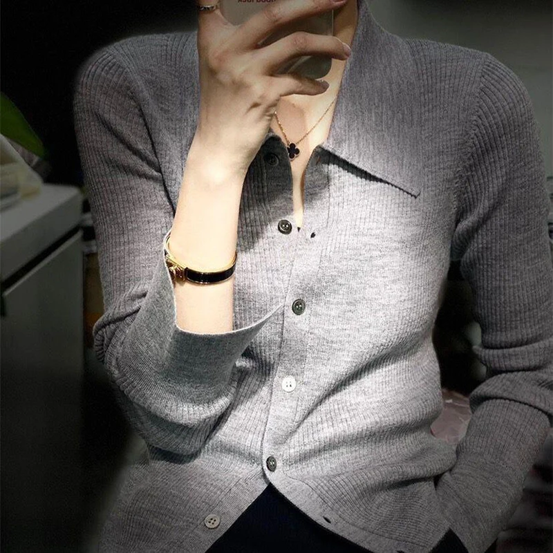 Spring 2024 POLO Collar Cardigan Sweater Loose Wool Knit Coat Solid Color Top Women's Clothing Korean Fashion