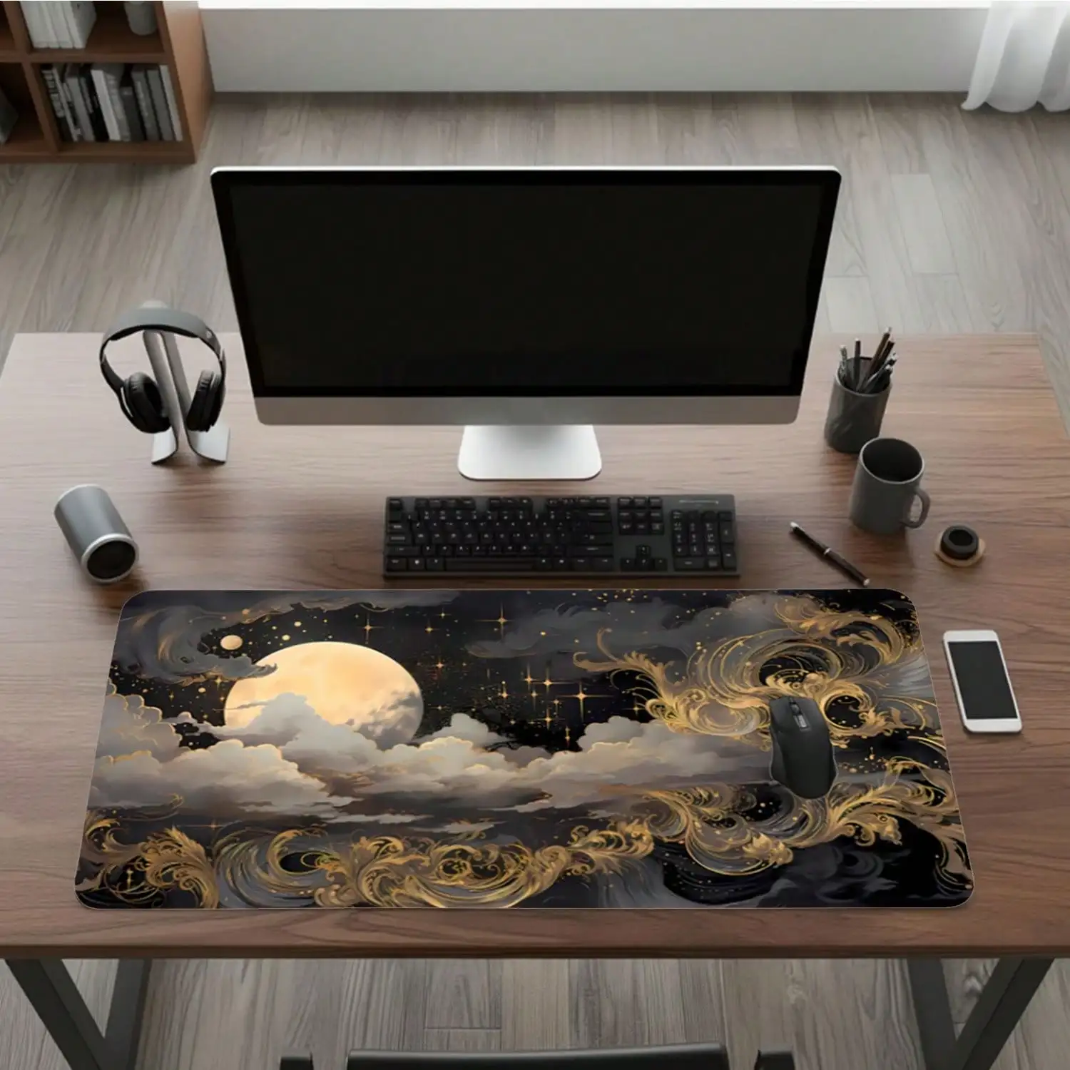1pc Of Non-Slip Desk Mat Featuring A Dreamy Moon And Cloud Design, Suitable For Office And Home Use, Serving As A Multifunctional Mouse Pad And Keyboard Mat