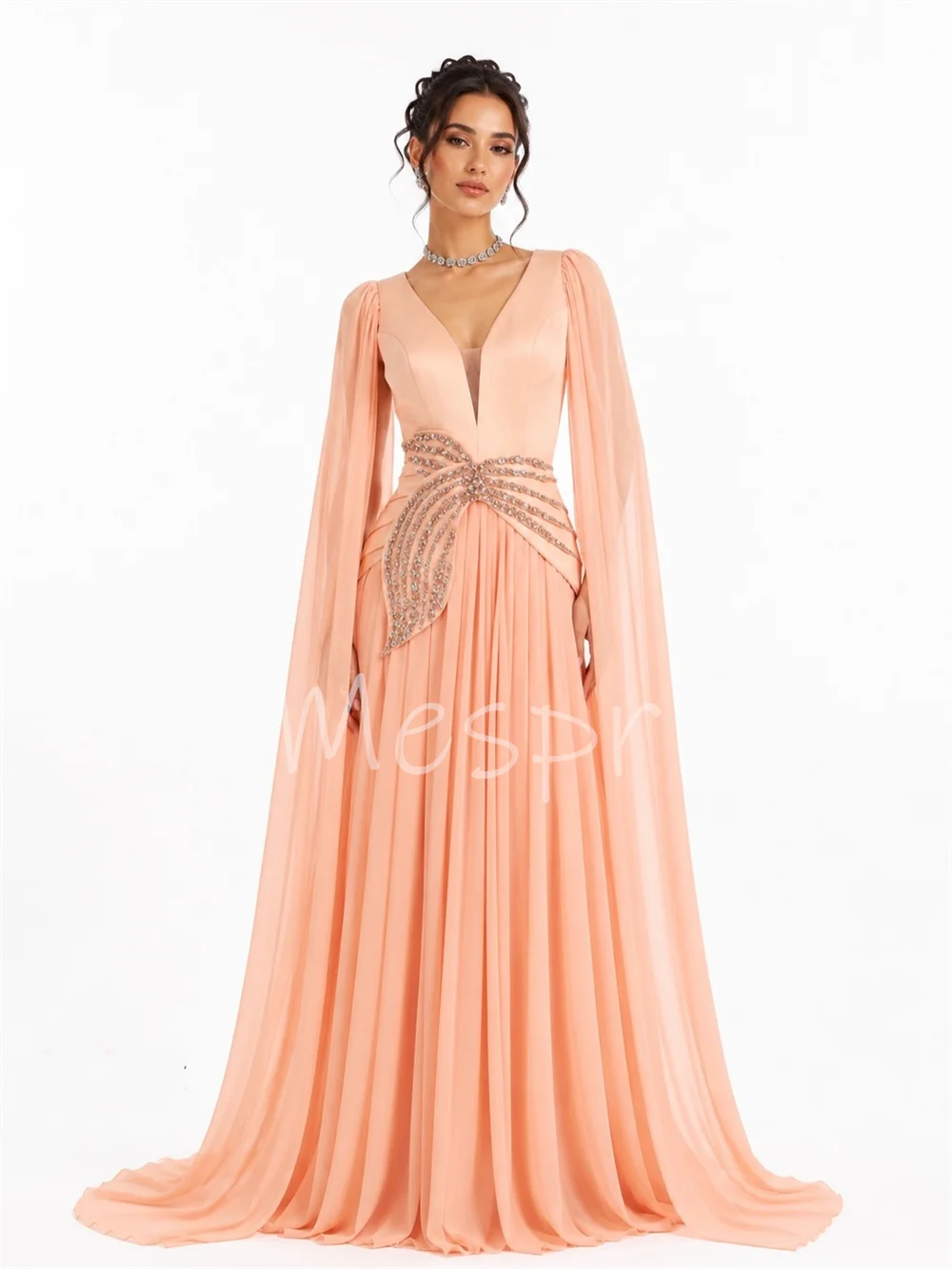 Customized Simple Chiffon Pleat Sequined Pattern A-line V-neck Long Quinceanera Bespoke Occasion Dresses Classic