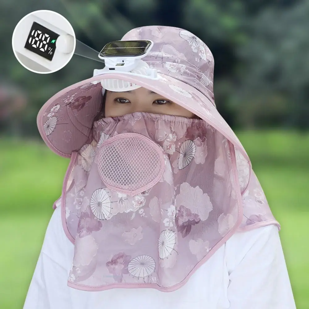 

Digital Display Screen Solar Fan Visor Hat Neck Protection Breathable Mesh Wide Brim Sun Cap 3 Modes Integrated Shawl