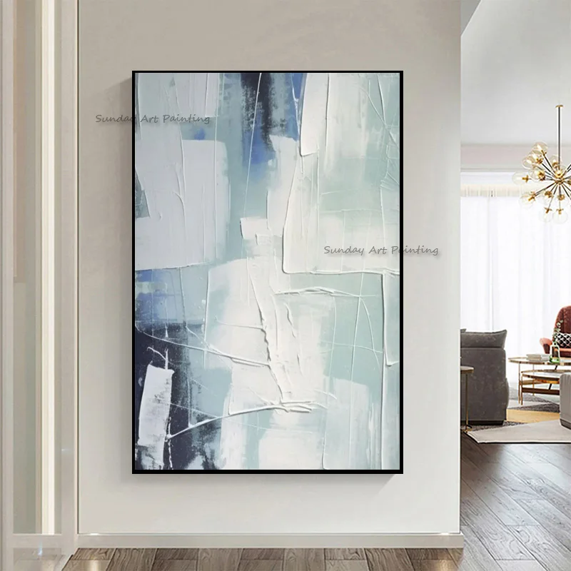 Light Blue White Abstract Canvas Thick Oil Painting Simple New Design Handpainted Green Beige Knife Thick Waves Wall Art Decor