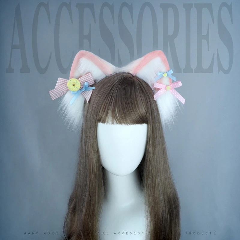 

Pink White Fox Plush Ears Headwear with Bows Sweet Girls Lolita Accessories KC JK Headband Cosplay Hair Hoop Anime Con Headdress