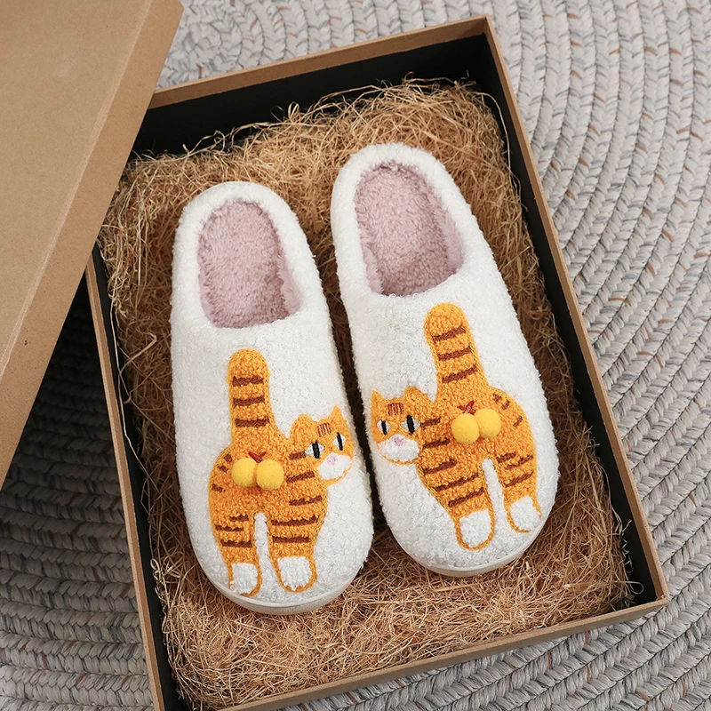 Orangefarbene Katzen-Plüsch-Hausschuhe für Damen, gemütliche Winter-Mules, Mädchen-Cartoon-Schuhe, lustige, flauschige Fell-Slides für drinnen, Unisex, rutschfest, warm – Detail 3
