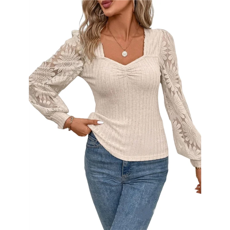 

AOAO-Women's Long Sleeve Shirts Lace Floral Tops Casual Knit Sweetheart Neckline Blouses Dressy Elegant Tunic Shirts