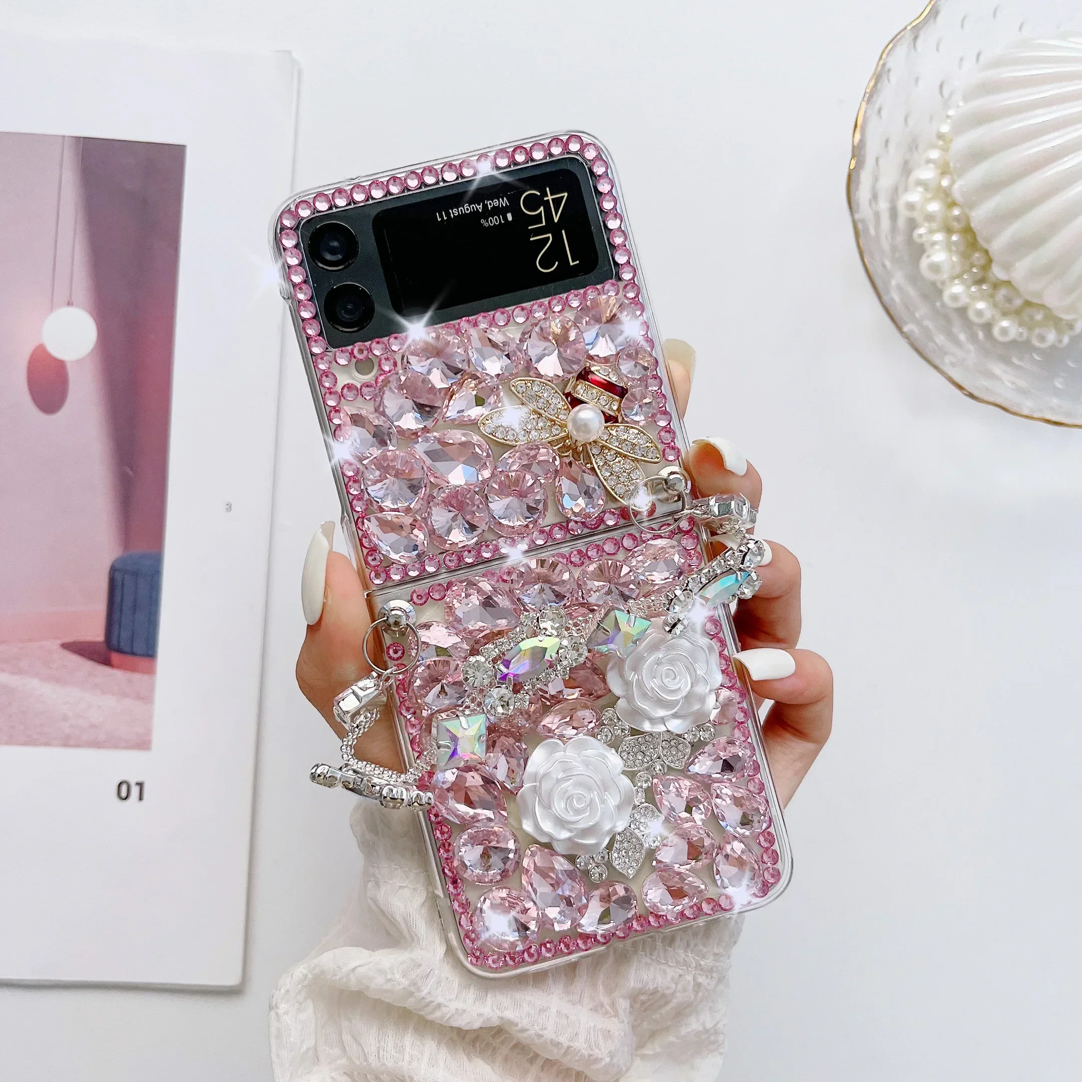 Crystal Pearl Mobile Phone Case for Samsung Galaxy Z Flip 6 5 4 3 2 Luxury Diamond Flowers