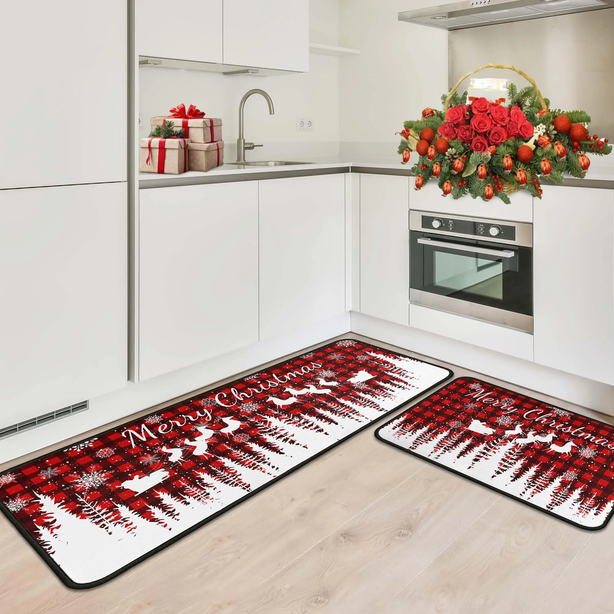 VIKAMA 2-teiliges Weihnachts-Cheer-Fußmatten-Set, Büffelkaro, Küchenteppich, Veranda, Wegmatte, schmutzabweisend und rutschfest, Heimdekoration