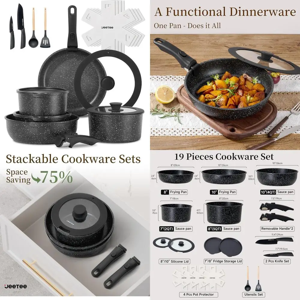 

Набор кухонной посуды со съемной ручкой и антипригарным покрытием, состоящие из 19 предметов, штабелируемые кастрюли, безопасные для в прихожей, черные кухонные принадлежности без PFOA