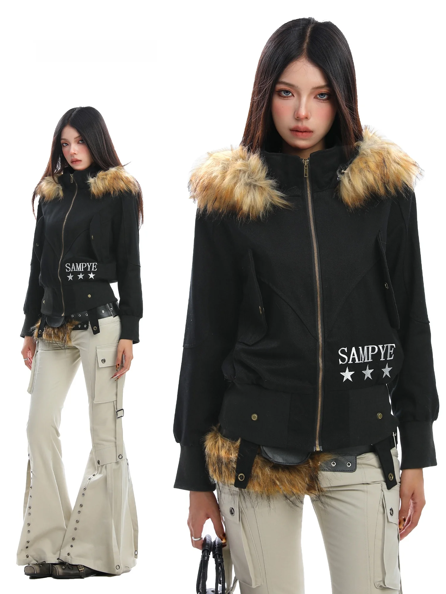 

Женская осенне-зимняя куртка с капюшоном и съемным меховым воротником, модный кардиган в стиле Spicy Girl, повседневная приталенная верхняя одежда