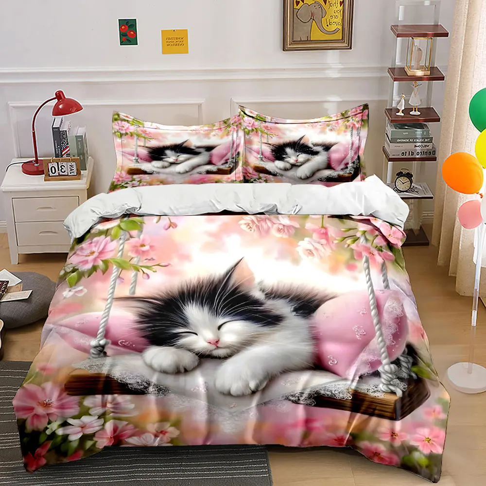 Sleeping kitten on swing. Print Bedding Set 1 Duvet Cover 2 Pillowcases for Adult and Children Luxury Gift Full Size