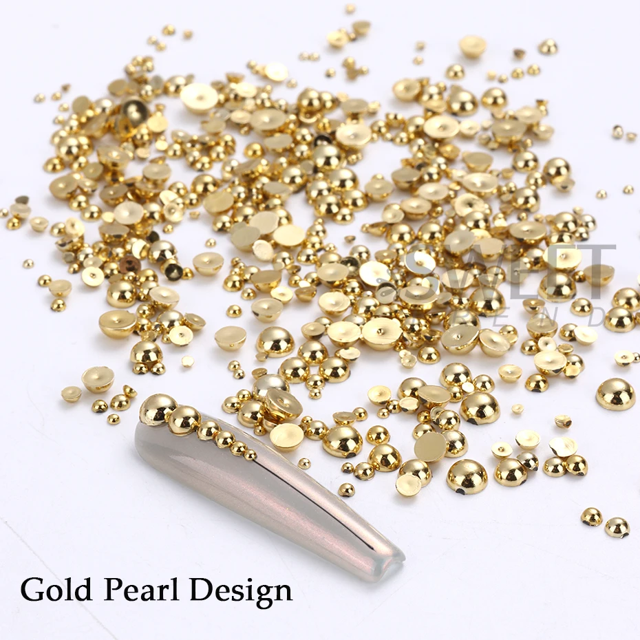 12 Grids Silver Gold Pearl Nail Charms Mix Size Flatback Half Round Bead Nail Parts Japanese Korea Metal Jewelry Nail Decoration