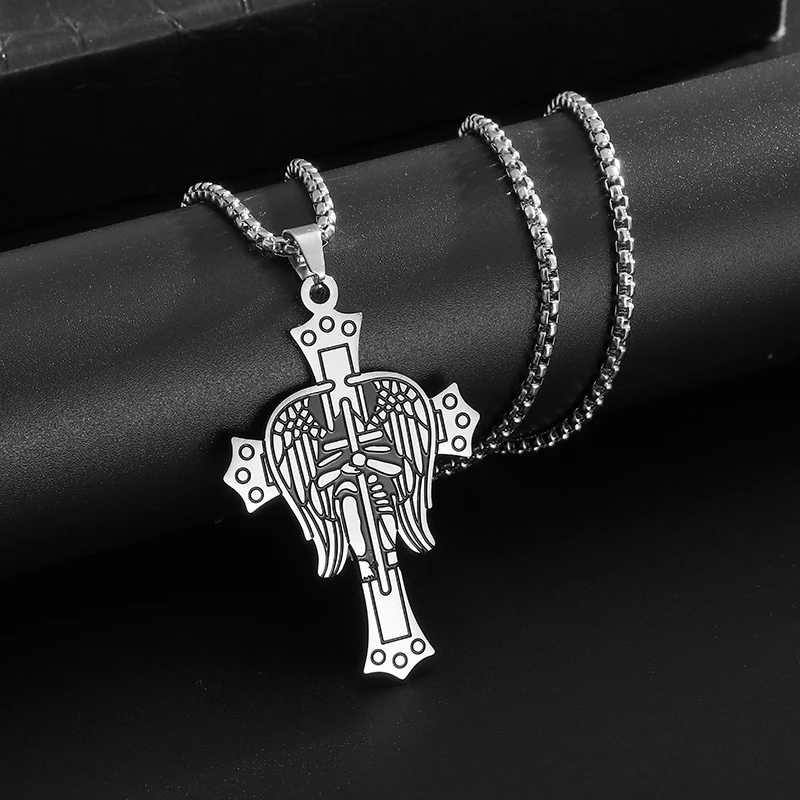 High Quality Stainless Steel Holy Archangel Saint Michael Wings Cross Pendant Necklace Men Women Amulet Jewelry Gift