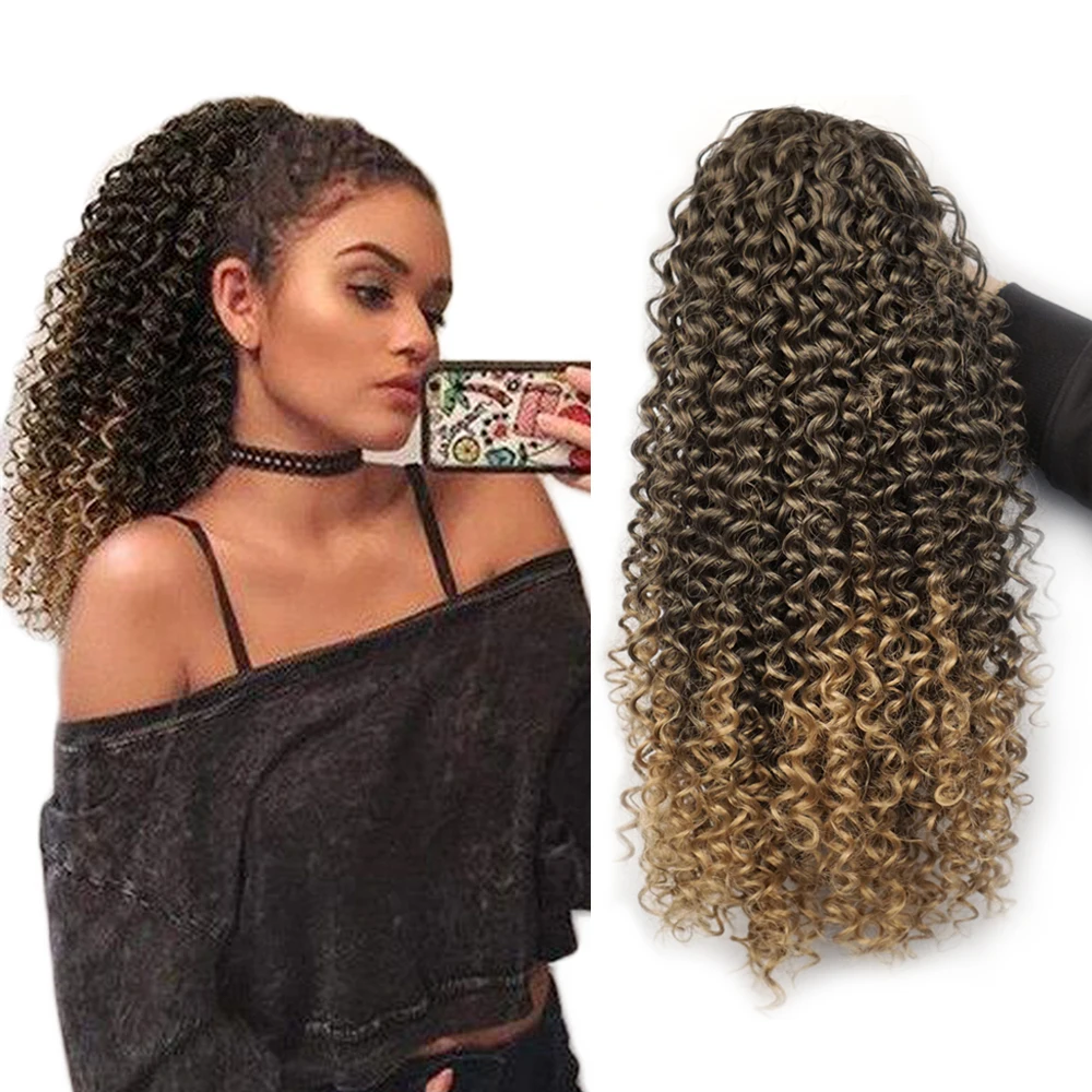 Ombre Synthetic Drawstring Puff Ponytail Extensions Afro Wavy 16 Inch Clip In Ponytail Hair Curly Black Brown Blonde