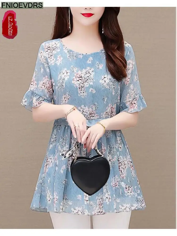 2022 Women Flower Floral Printing Long Tunic Drawstring Lace-Up Chiffon Shirt Blouses Bow Tie Retro Vintage Loose Peplum Tops