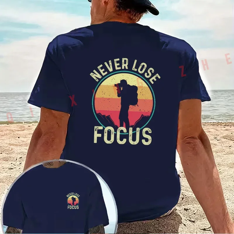 NEVER LOSE FOCUS Vintage Gradient Mountain Climber Design Motorcycle T-Shirt Cotton Double-Sided Print Men Short Sleeve Tops