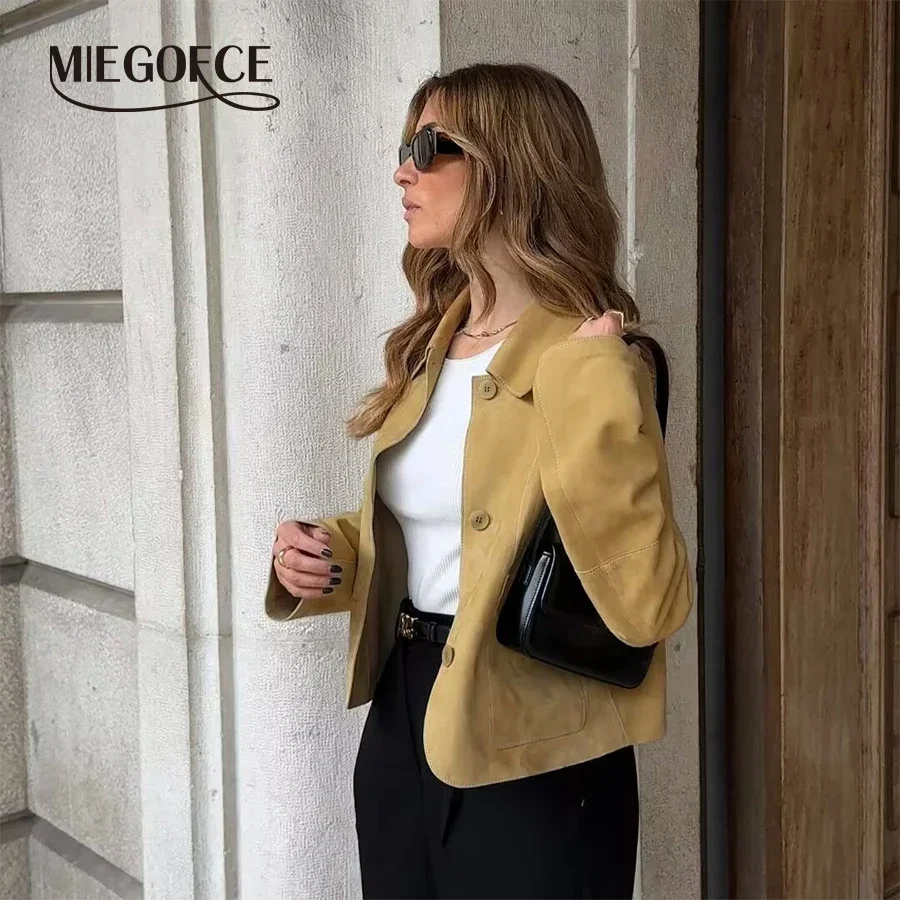 MIEGOFCE Spring Button Down Suede Women's Jacket Turn-Down Collar Coat Big Pockets Drop Shoulder Outwear Loose Outfits A14035