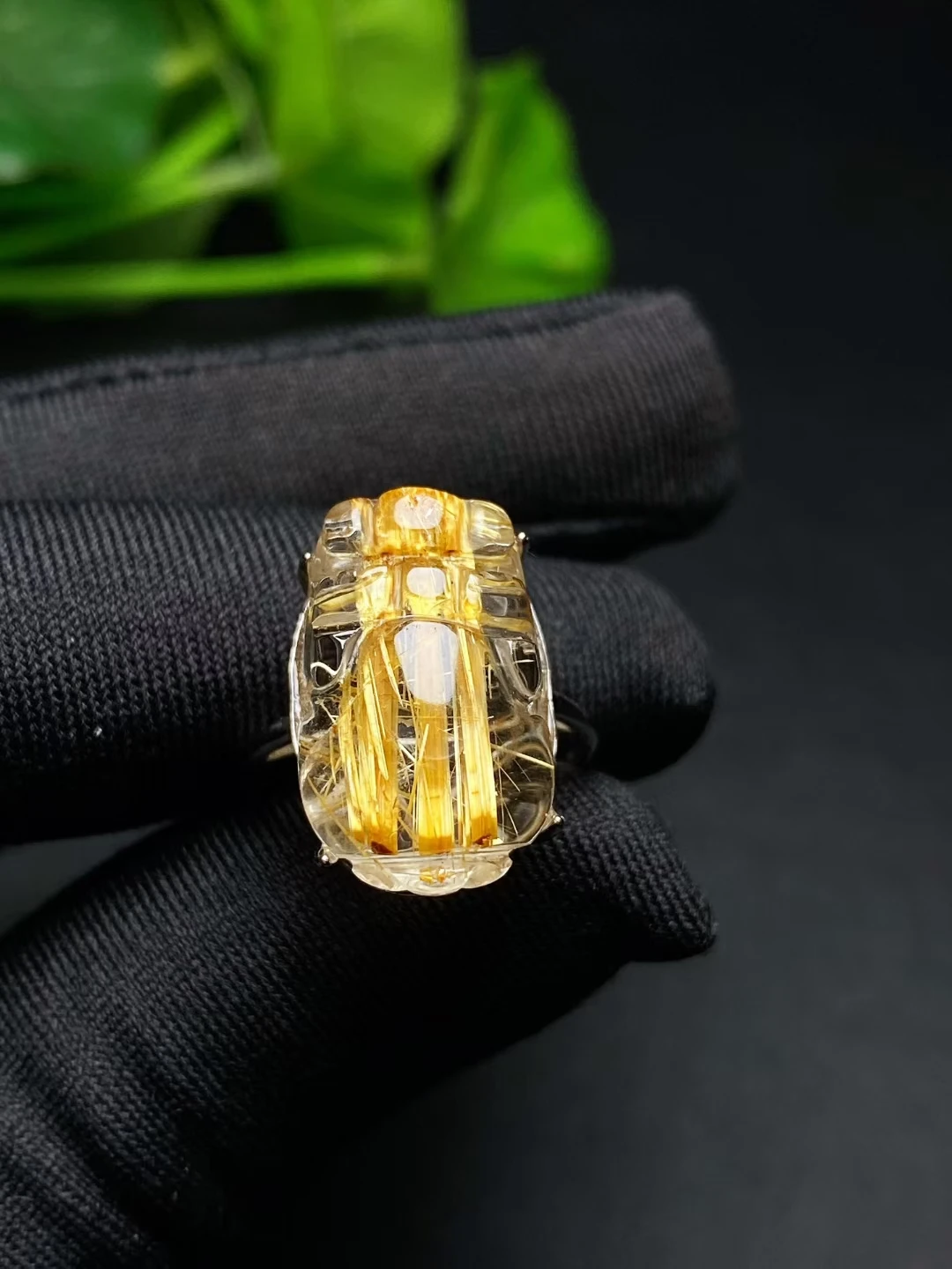 

Natural Gold Rutilated Quartz Adjustable Ring 20*12mm Pi Xiu Women 925 Silver Yellow Rutilated Beads AAAAAA