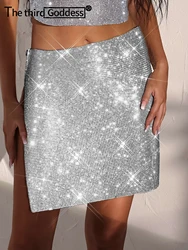 Sexy see through rhinestone mini skirt women Summer beach club party skirt shiny pencil skirts woman 2026 rave festival clothing