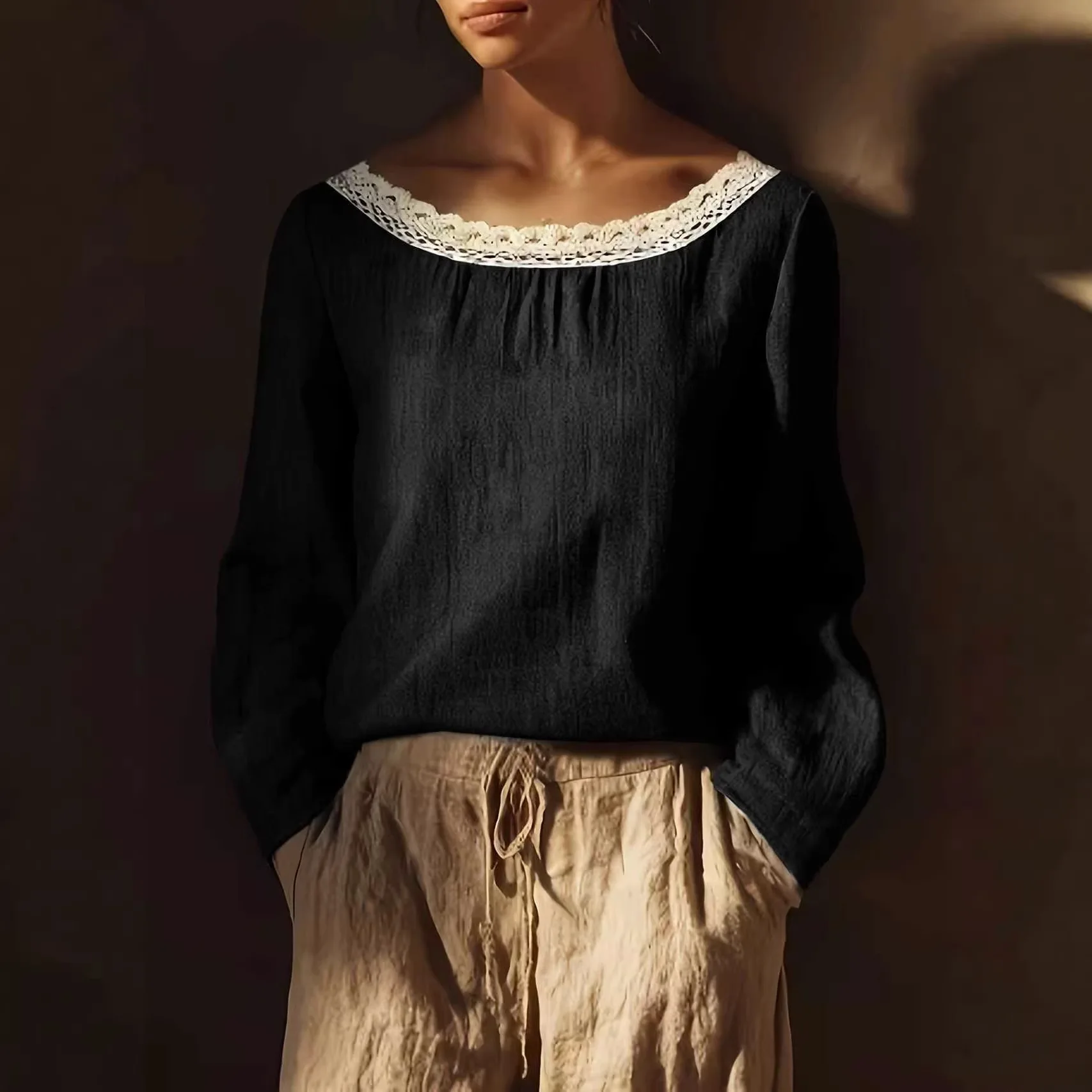 New Fashion Women's Off Shoulder Lace Trim Long Sleeve Blouse Loose Fit Elegant Versatile Trendy Commute Office Daily Wear Top