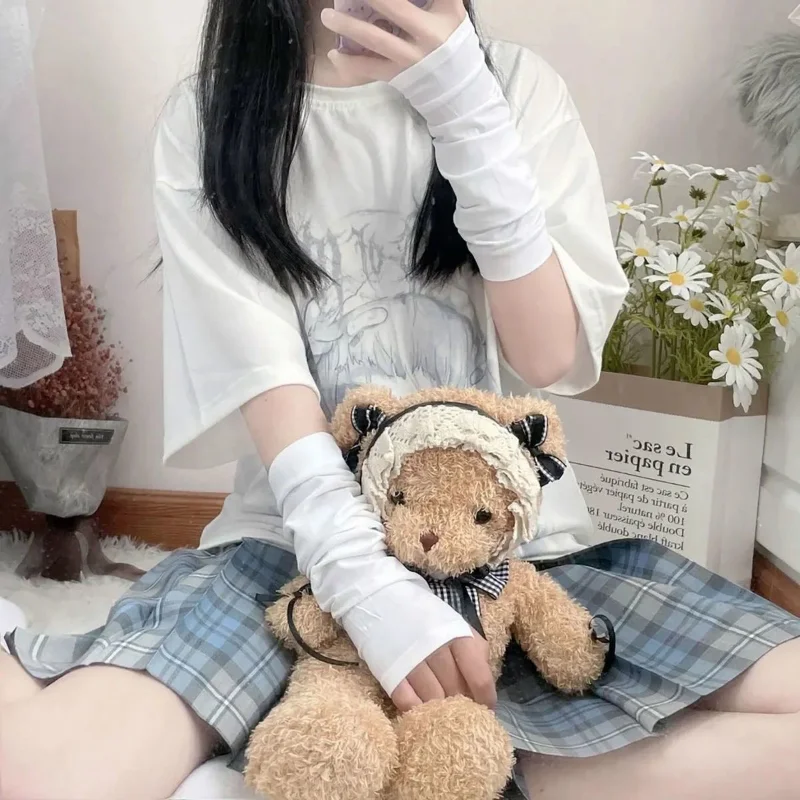 Y2k Goth Lolita Аниме Тонкие однотонные перчатки JK Kawaii Girl Mitten Oversleeve Мужские и женские модные солнцезащитные манжеты без пальцев