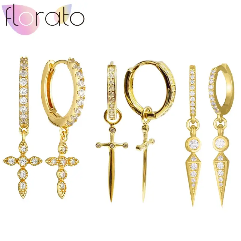 925 Sterling Silver Needle Advanced Design Cross Arrow Pendant Hoop Earrings Women Simple Gothic Fine Mini Sword Earring Jewelry