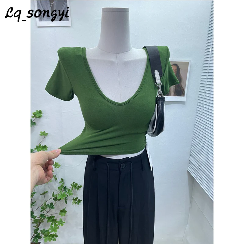 

Lq_songyi V Neck Short T Shirts Women Basic High Strech Tight T Shirt Slim Top with Shoulder Pads Summer Solid Thin Crop Tops