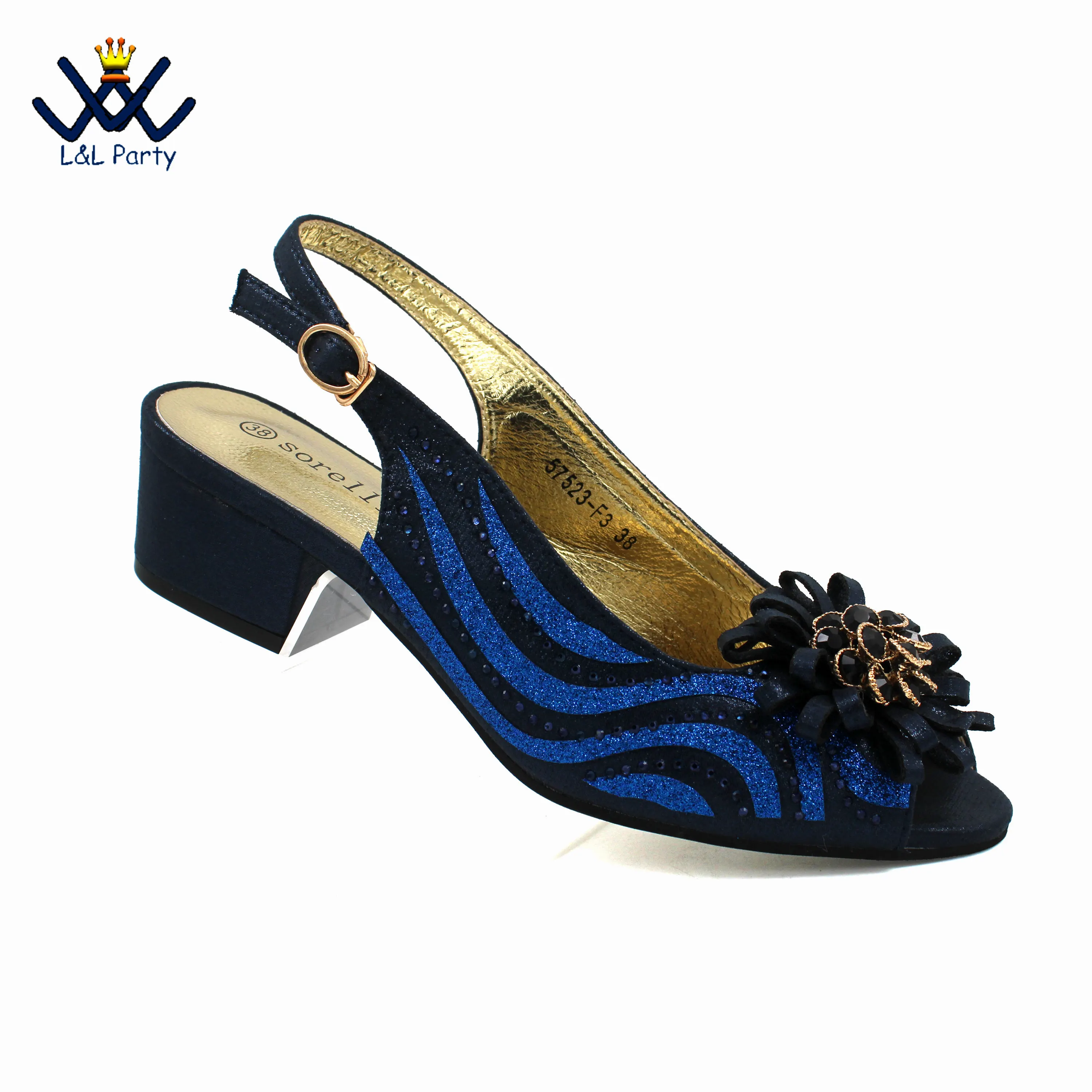 Dark Blue New Design Fashion Italian Women Shoes Matching Bag Set Low Heel Specials Design Comfortable Heels for Wedding Party