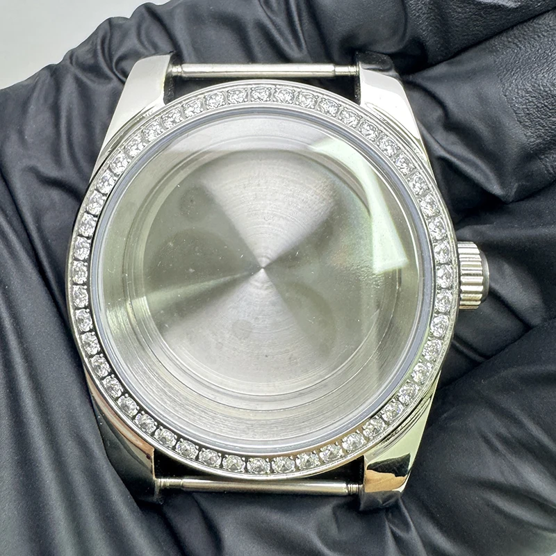 NH35 316L Stainless Steel 36mm/39mm Silver Diamond Sapphire Magnifying Glass Watch Case Fit NH35/NH36 Movement