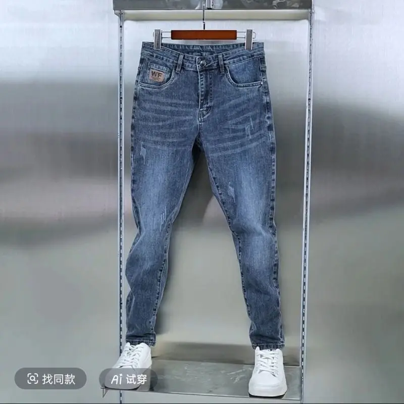 

Новые мужские джинсы, облегающие маленькие ноги, высококачественные сине-серые потертые повседневные синие длинные облегающие рабочие эластичные ковбойские мужские брюки