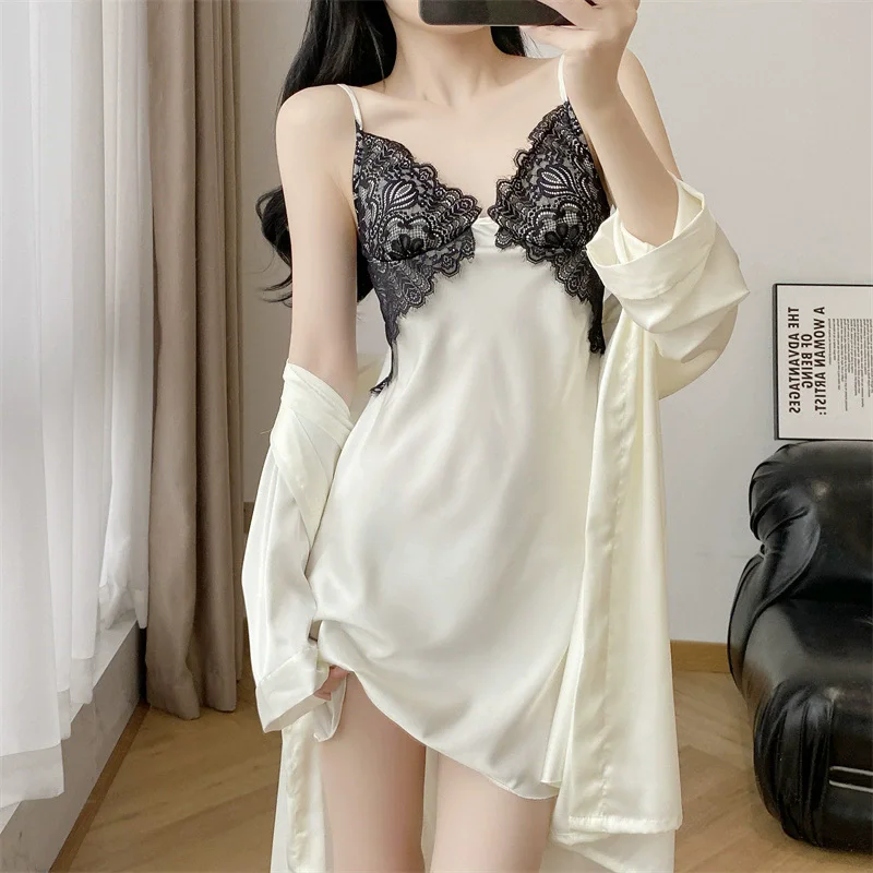 Sexy Lace Bathrobe Gown Suit Nightdress Summer New Female Nighty&Robe Set Nightgown Silky Satin Home Clothes Loungewear