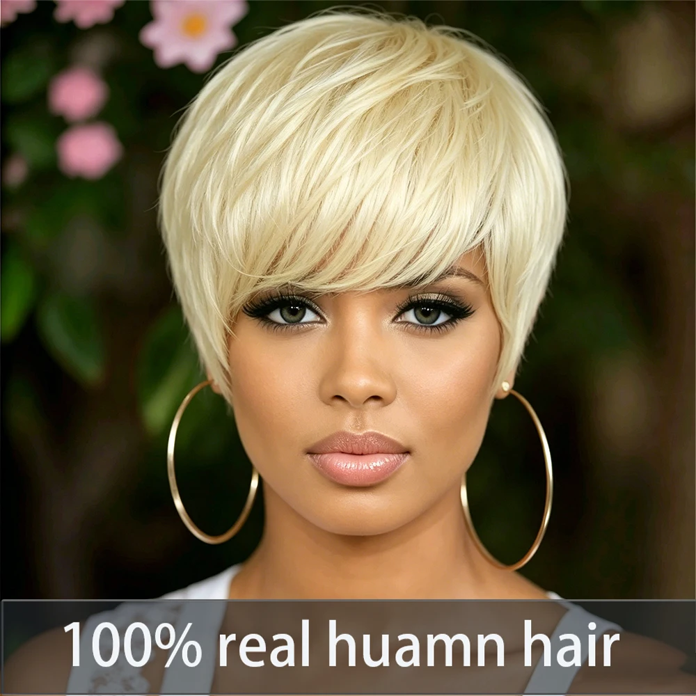 

Full Machine Made Short Straight Platinum Blonde Human Hair Wigs 100% Human Hair with Bangs No Lace Beginner Friendly for Daily