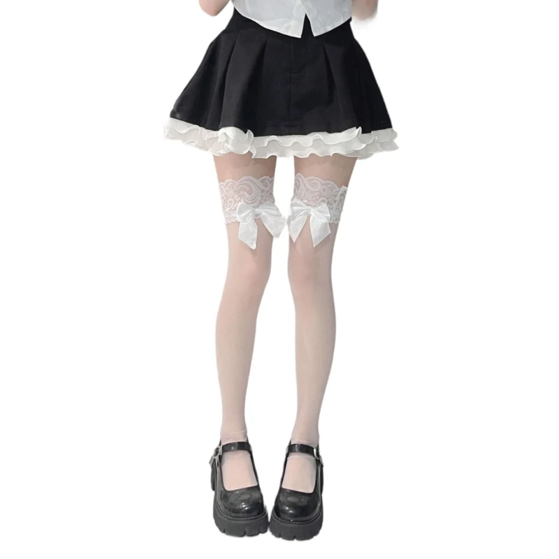 Women Over Knee Long Sock Japanese Bowknot Lace Top Silky Sheer Stockings