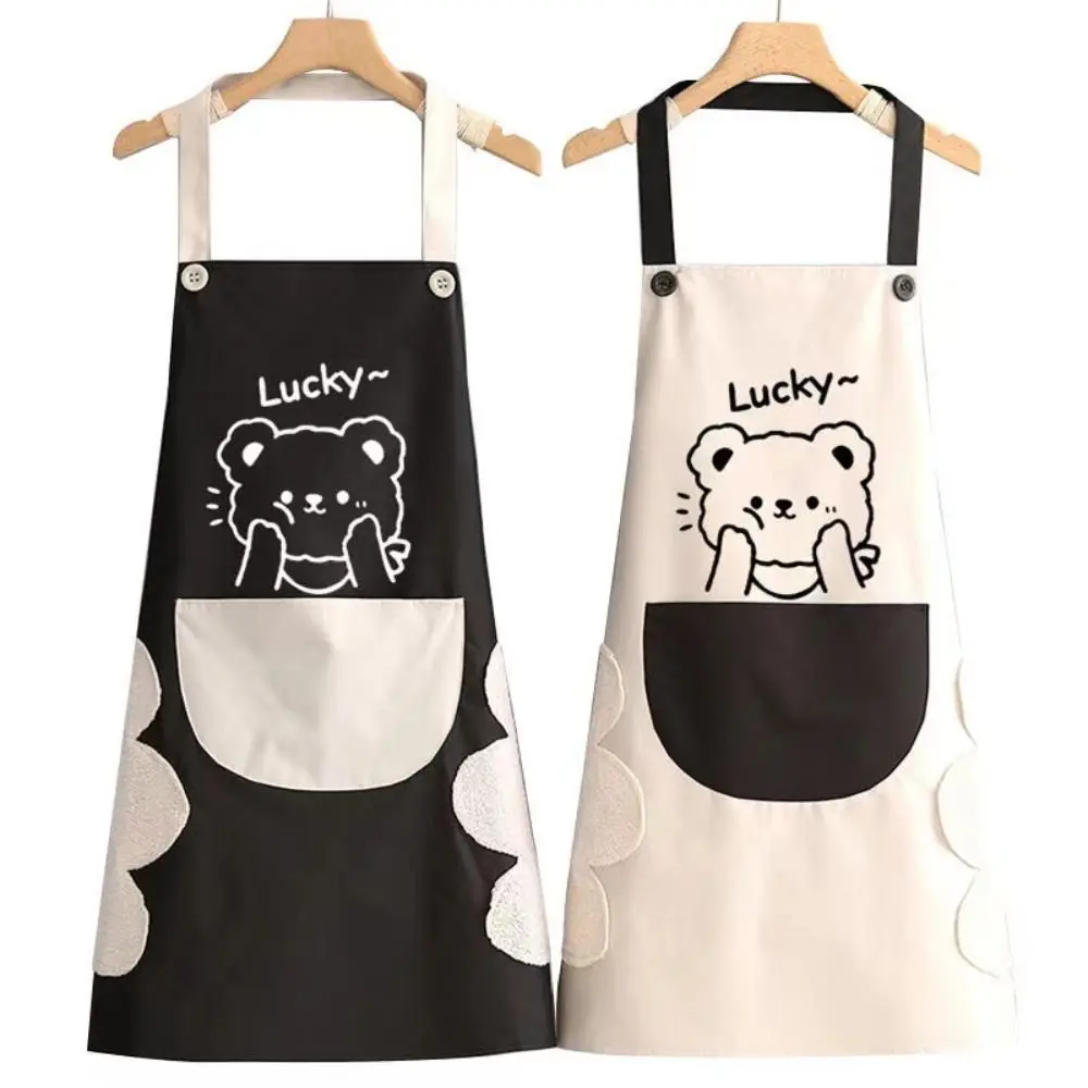 

Pocket Design Cute Bear Pattern Cartoon Apron Oil Proof Can Wipe Hand Cook Wear Smock Waterproof Couples Apron Catering Service