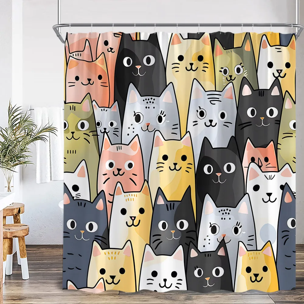 Cute Cats Funny Animal Shower Curtain Summer Autumn Animals Print Bathroom Decor Polyester Fabric Bath Curtain with Plastic Hook