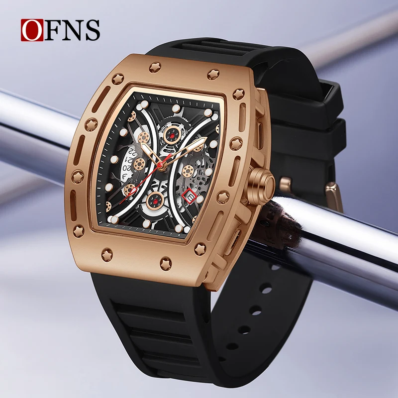 OFNS Top Brand New Quartz Men\'s Watch Fashion Trend Wine Bucket Design Silicone Strap Calendar Waterproof Luminous Sports Watch