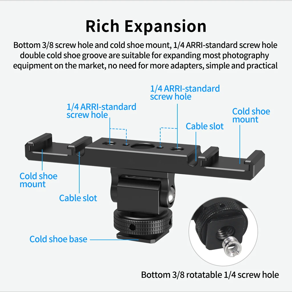 Aluminium Cold Shoe Halterung Dual Coldshoe Verlängerungsstange Platte Adapter 1/4 für Canon Sony Mikrofon LED Video Licht Monitor – Detail 9