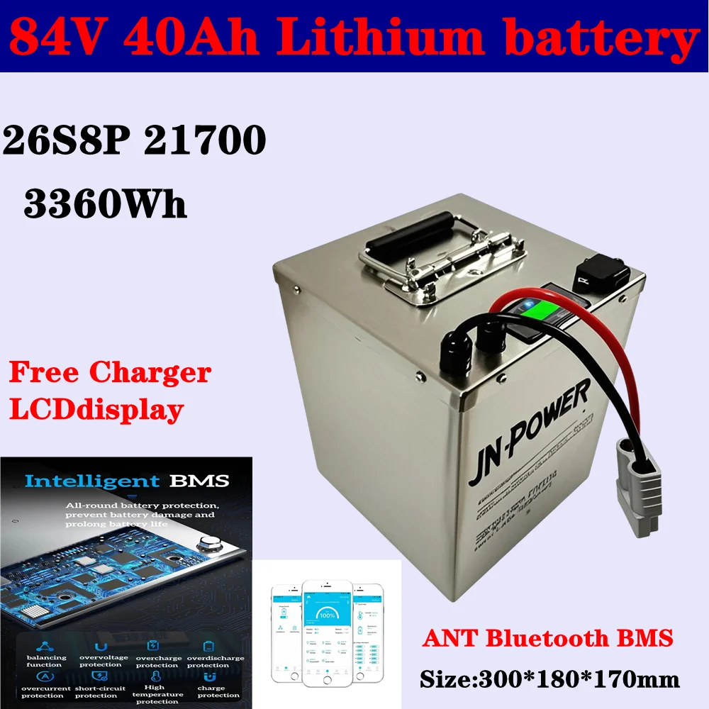 2025 New arrive 23S8P 21700 84V 40Ah Li-ion battery pack BMS with bluetooth functions for 3000W E-motorcycle,Scooer,+ 5A Charger