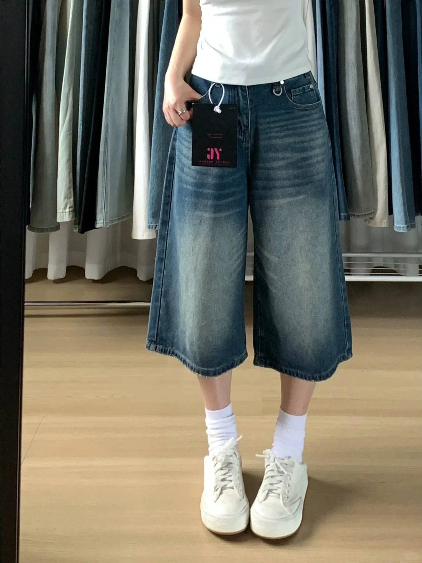 

High Waist Wide Leg Retro Denim Mid-Calf Loose Slim Straight Seven-Foot Pants Women's Summer Design Sense over Knee Jeans
