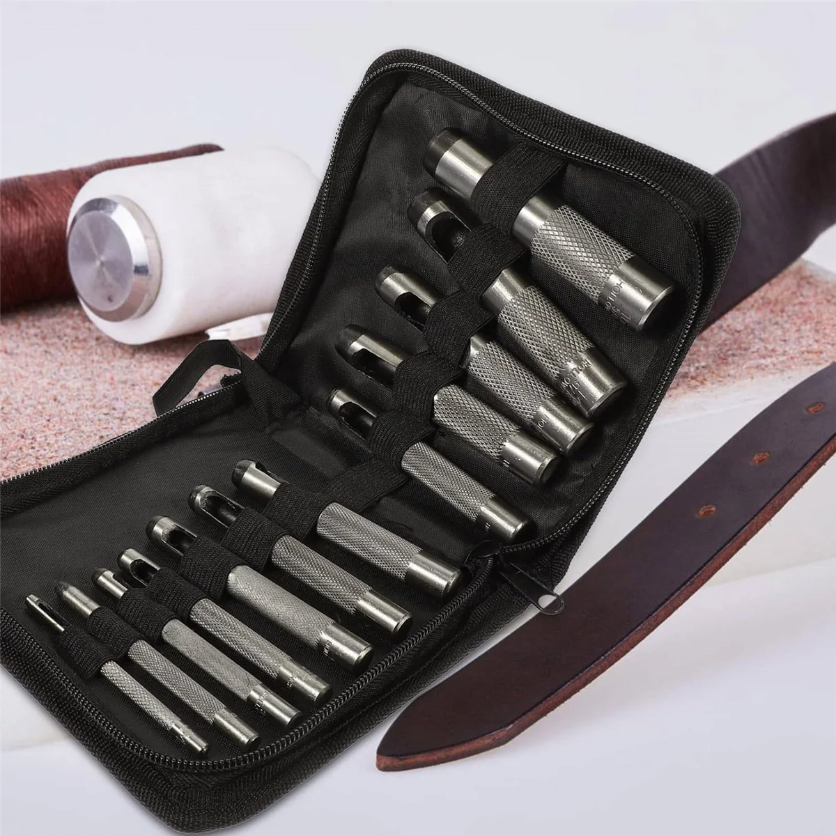 

A45U 12 PCS Steel Hollow Leather Punch Set 1/8-3/48 Inch(3-19mm) Heavy Duty Round Hole Punch Set for Watch Cloth Belt Gaskets
