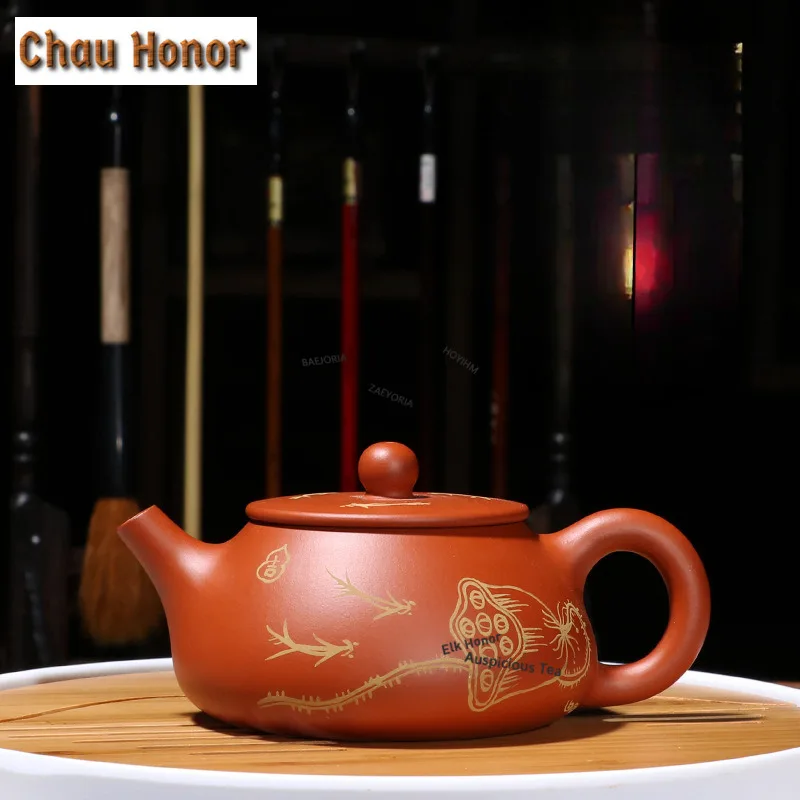 180ml High-end Yixing Purple Clay Teapots Master Handmade Gold Drawing Fish Lotus Pot Raw Ore Zhu Mud Kettle Zisha Tea Set Craft