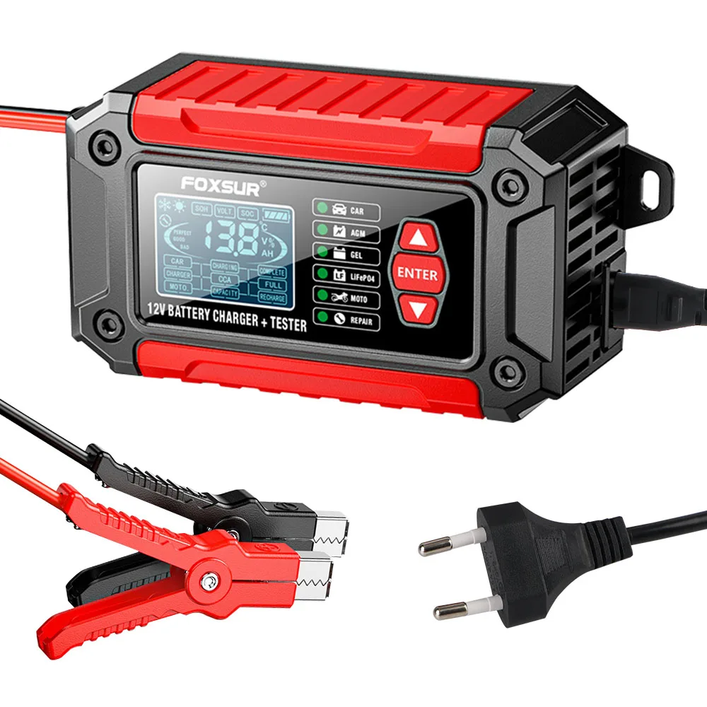 

90W Car Battery Chargers EU Plug Pulse Repair 100V/240V Input 12V 6A Battery Tester For Lead Acid AMG LifePo4 Batteries