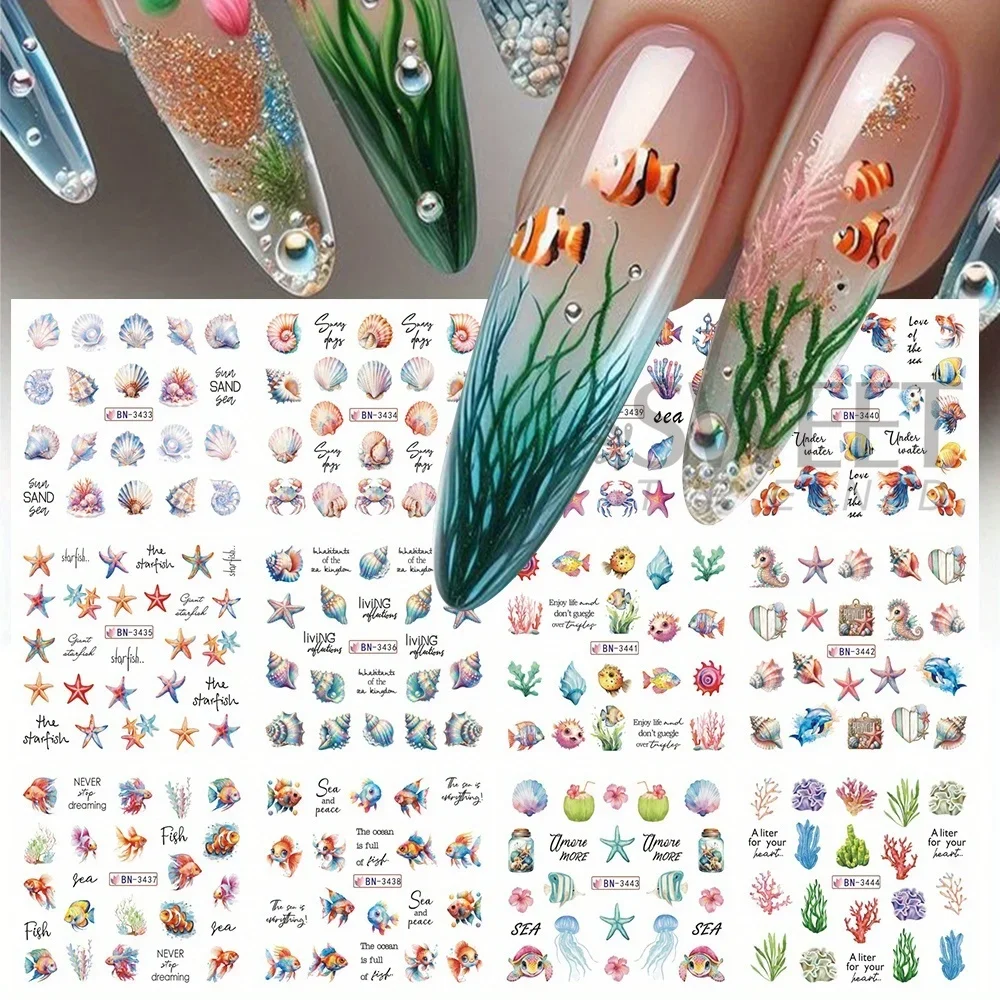 Pegatinas de decoración de uñas de océano, calcomanías de transferencia de agua, 12 diseños, concha, estrella, pez, caballito de mar, medusas, algas, marca de agua, decoración deslizante