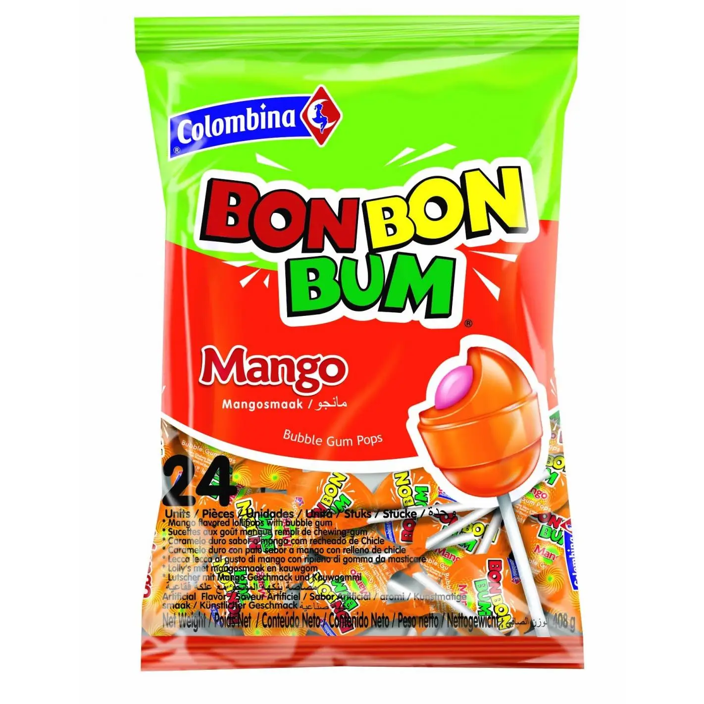 COLOMBINA CHUPACHUPS - BON BON BUM - CARAMELO CON CHICLE Y PALO - BOLSA 24 UNIDADES - SABORES FRESA, MARACUYA, SURTIDO, MANGO Y SANDIA