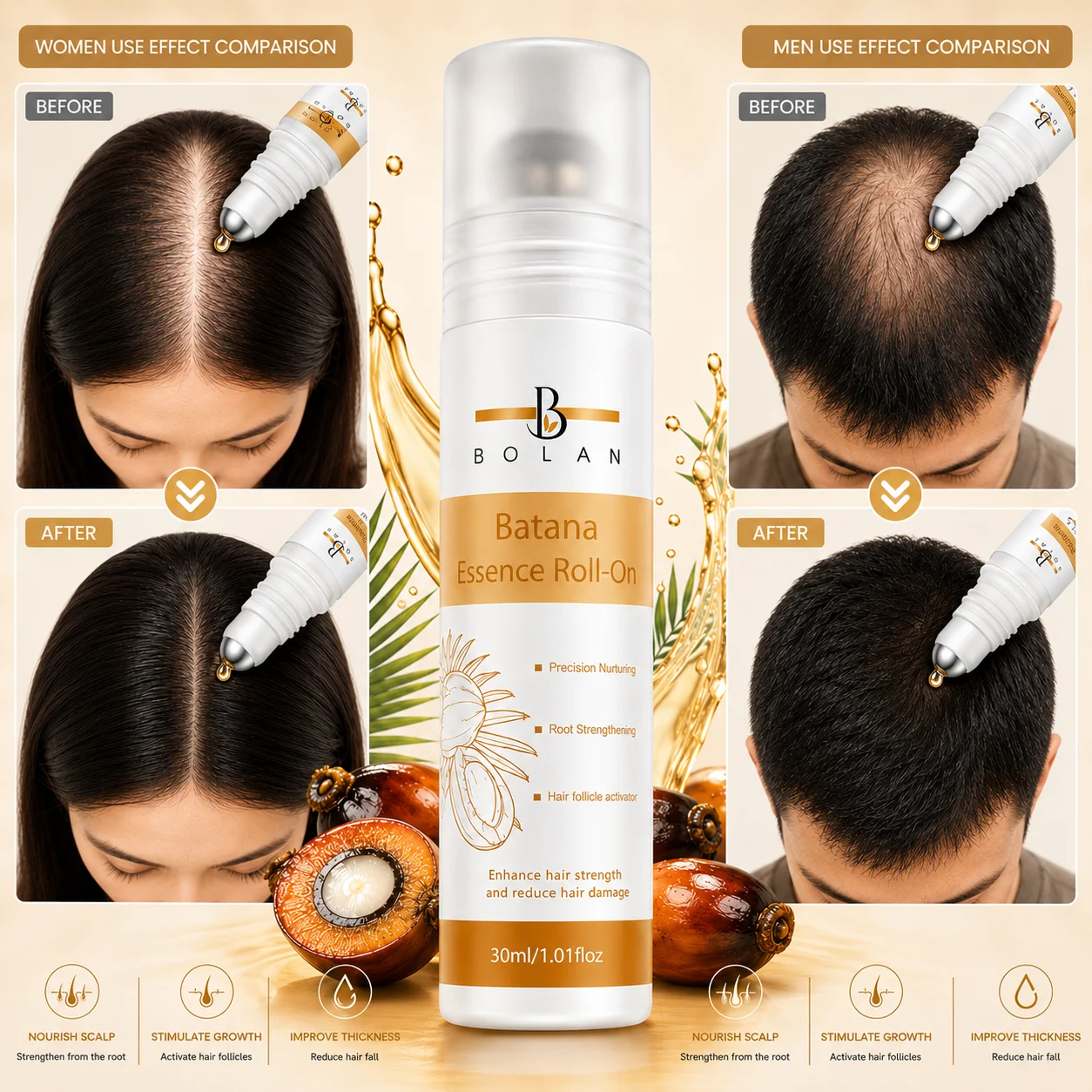 Batana oil Hair Growth Roller Essence Improves Scalp Health Stimulates Follicle Activity Reduces Hair Breakage Increases Density