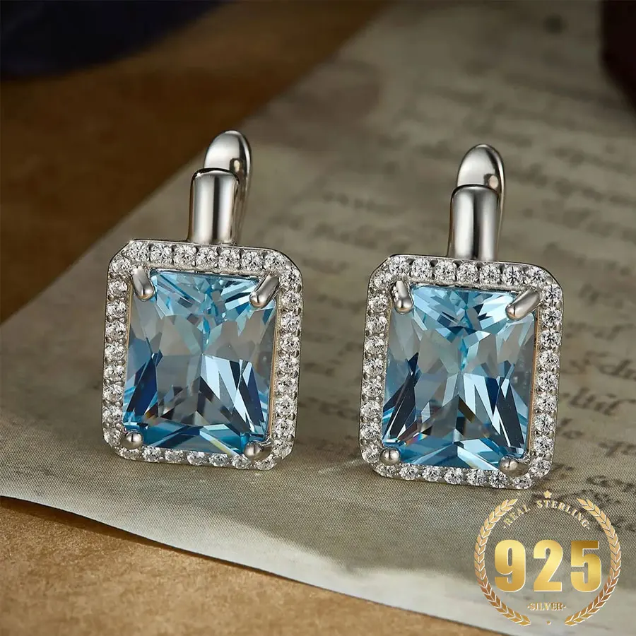 Brincos De Clipe De Topázio Azul Nano Céu, 925 De Prata Esterlina, Brincos De Noivado De Zircão 5A, 8x 10mm