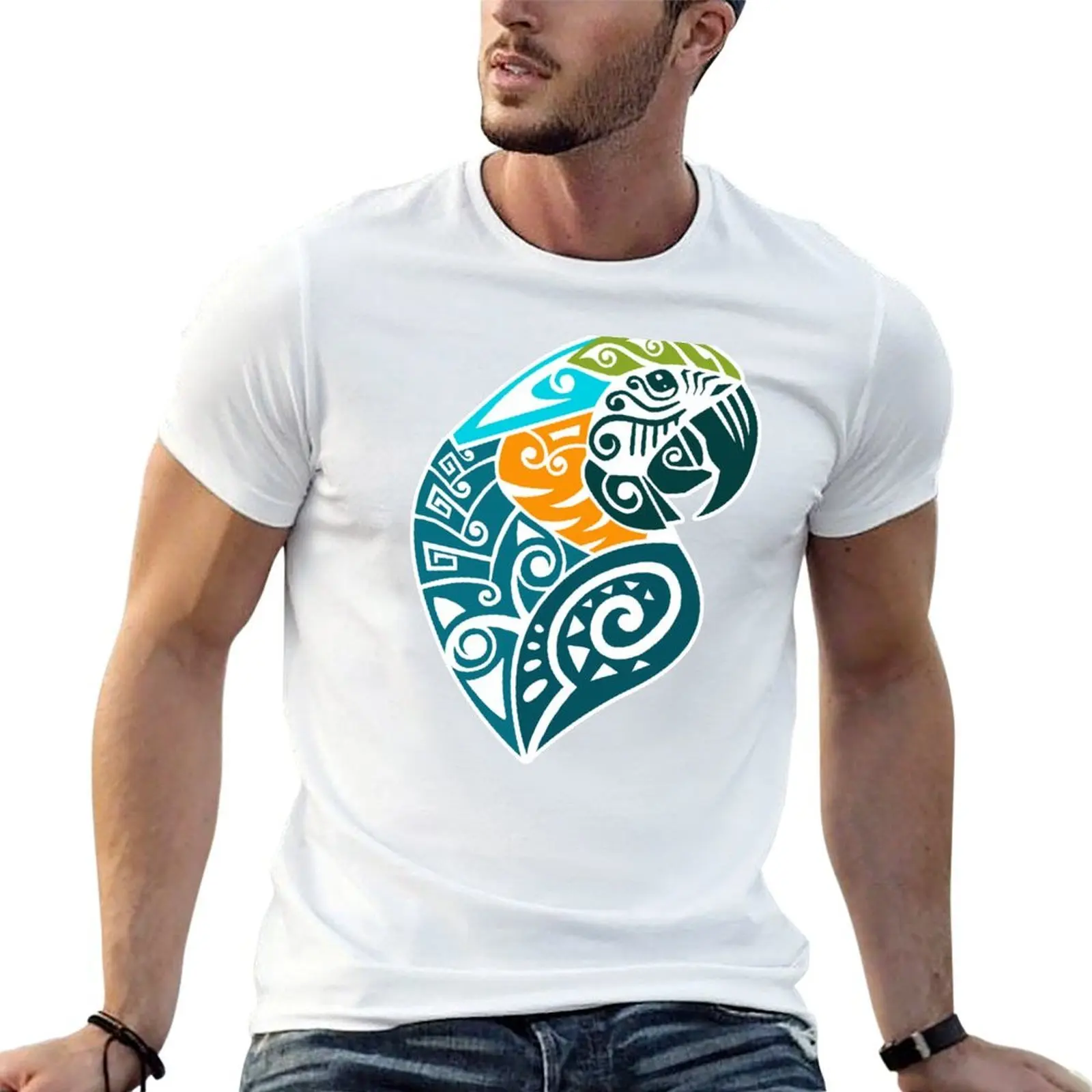 Синяя и золотая футболка с племенной татуировкой макавы, мужская футболка из 100% хлопка, мужская хлопковая футболка