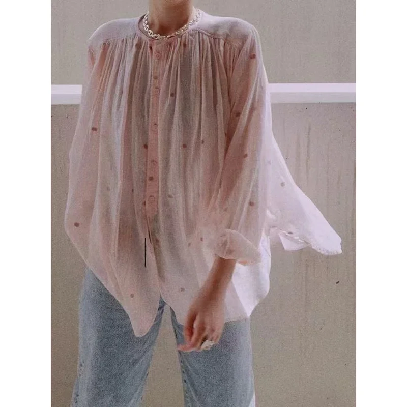 

Susan French Sle Loose Long Sve Embroidered irt Women's Pink Spring Casual Top Cotton Material Faionable Trendy